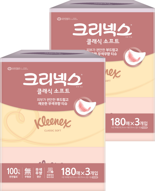 크리넥스 클래식 소프트 천연펄프 미용티슈 2겹, 180매, 6개