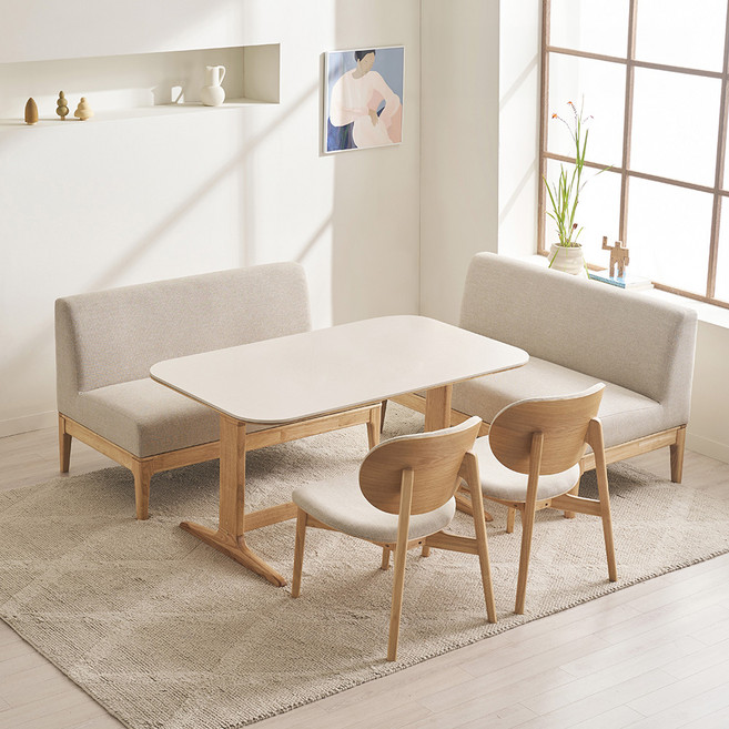 레이디가구 엘린 패밀리 원목 세라믹식탁 + 의자 2p + 2인 소파 2p 원목소파벤치코너형 방문설치, 식탁(샌드 아이보리 + 내추럴), 의자,소파(그레이 + 내추럴), 4인용
