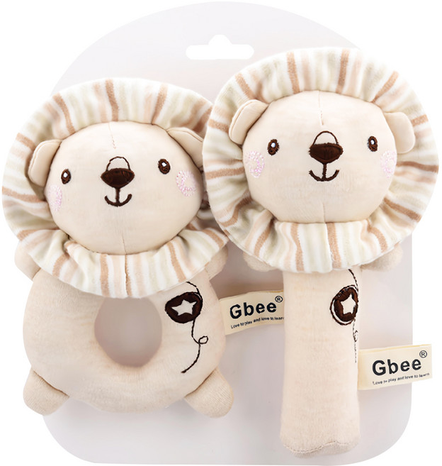 Gbee 搖鈴手抓棒 18 x 8 cm + 11 x 16 cm, 彩棉獅子 米色, 1組