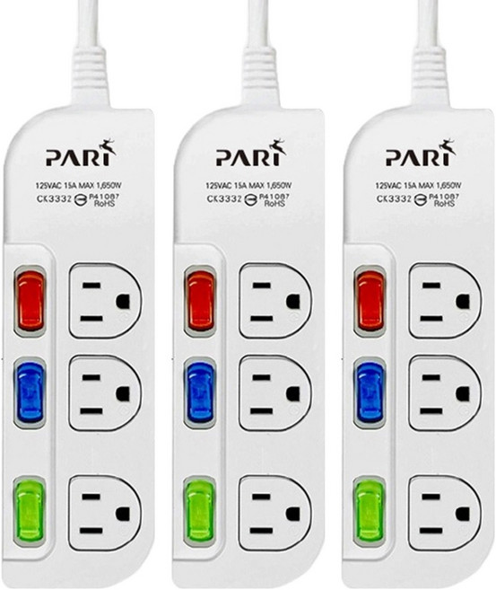 PARI 派睿 直插延長線 3開3插3孔, 1.8m, 白色 + 灰色, 3條