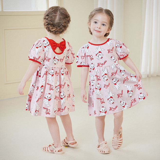 mollimelli 女童透氣迪士尼瑪麗貓紅色蝴蝶結連身裙