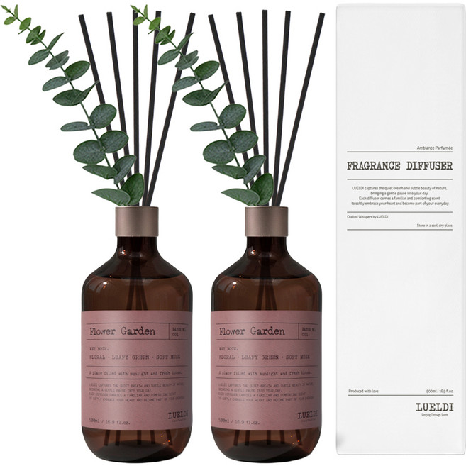 루엘디 프리미엄 대용량 디퓨저 + 데코 스틱 세트, 플라워 가든, 500ml, 2개