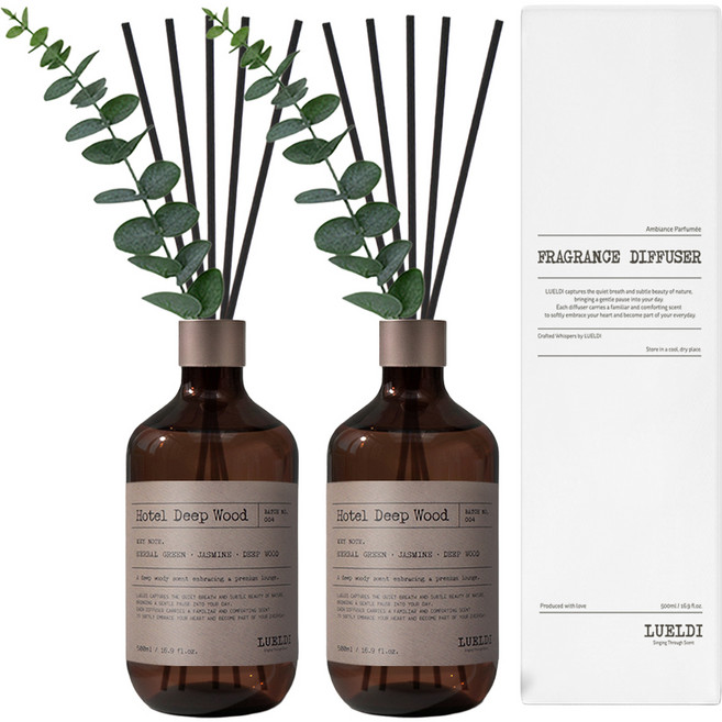 루엘디 프리미엄 대용량 디퓨저 + 데코 스틱 세트, 호텔 딥 우드, 500ml, 2개