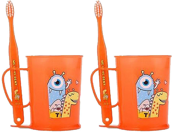 위덴 아동용 변덕쟁이 칫솔 + 양치컵 세트 3~5세용 오렌지, 2세트