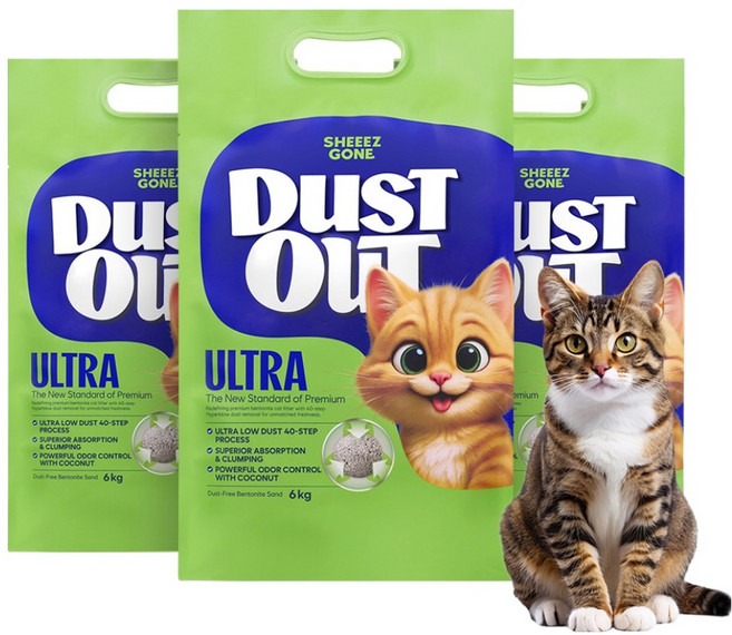 쉬즈곤 고양이 먼지아웃 울트라 벤토나이트 모래, 6kg, 3개, 무향