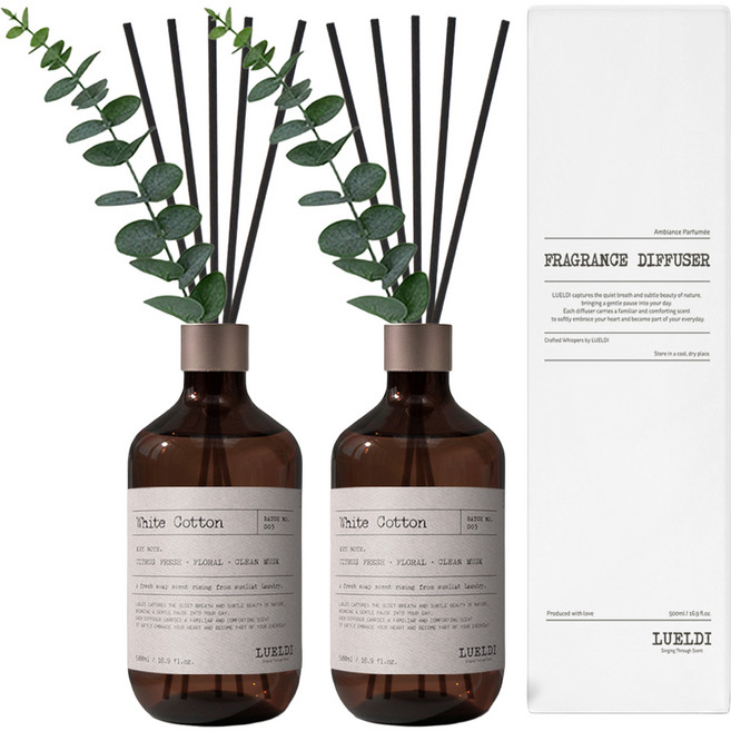 루엘디 프리미엄 대용량 디퓨저 + 데코 스틱 세트, 화이트 코튼, 500ml, 2개