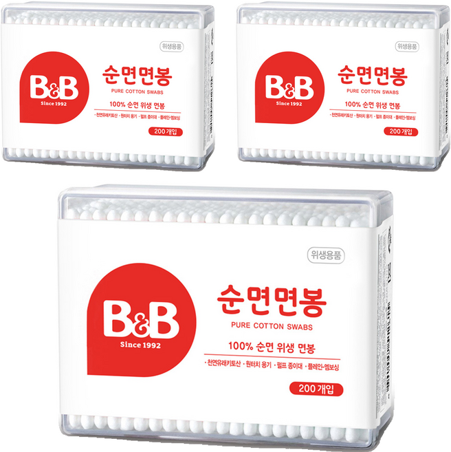 비앤비 순면 면봉, 200개입, 3개