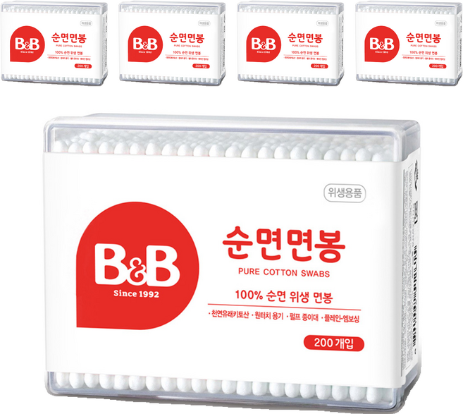 비앤비 순면 면봉, 200개입, 5개