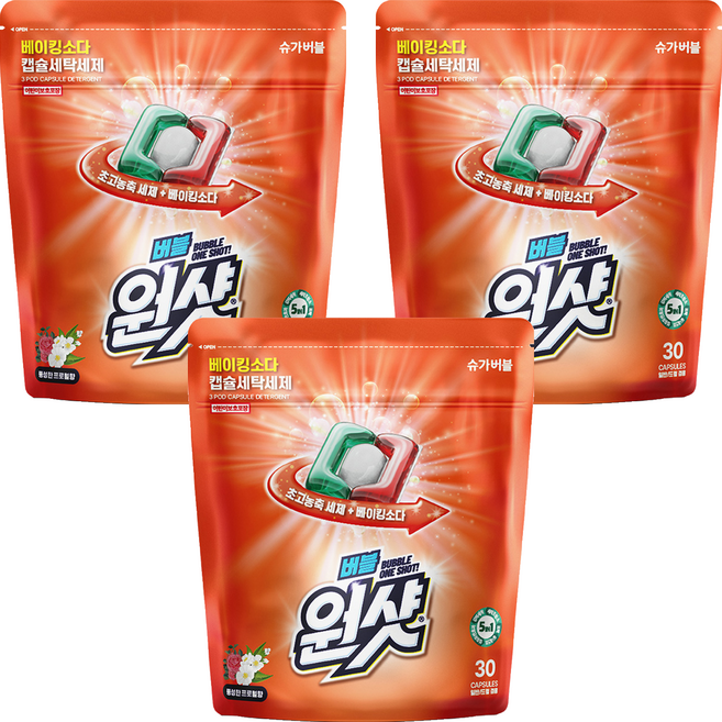 슈가버블 버블원샷 베이킹소다 플로럴향 캡슐세제, 30개입, 3개