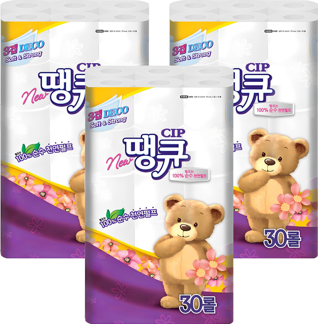 땡큐 3겹 천연펄프 롤화장지, 14m, 30개입, 3개