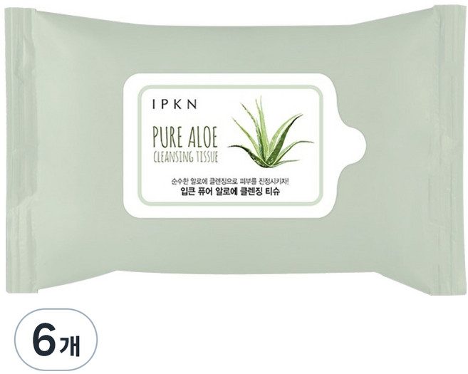 입큰 휴대용 퓨어 알로에 클렌징 티슈, 20매입, 6개