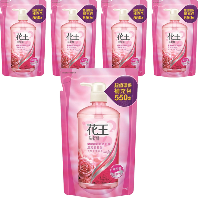 Kao 花王 洗髮精 溫和柔潤型 補充包 天然玫瑰萃取精華 無矽靈 弱酸性 中性髮質適用, 550ml, 5包