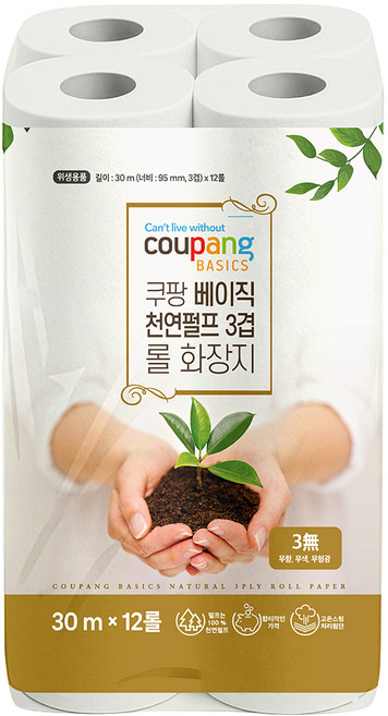 쿠팡베이직 네추럴 3겹 천연펄프 롤화장지 30m, 12개입, 1개