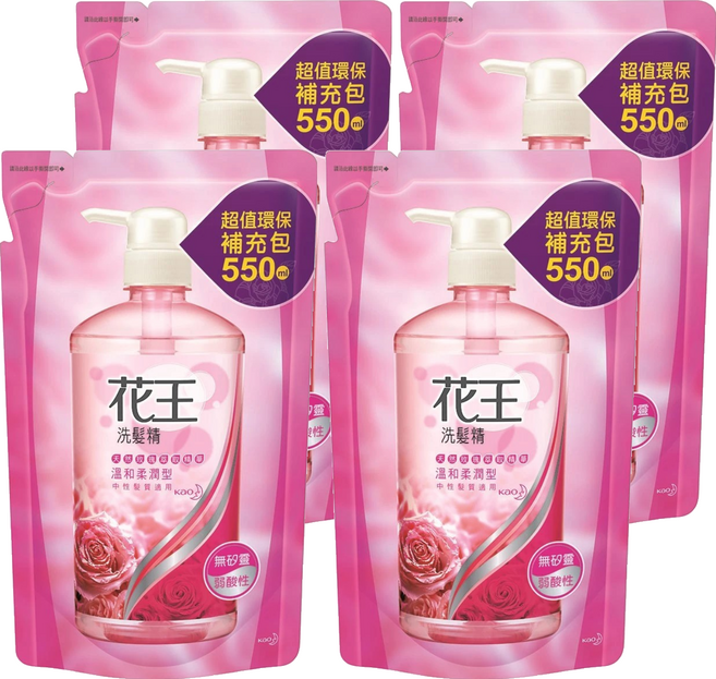 Kao 花王 洗髮精 溫和柔潤型 補充包 天然玫瑰萃取精華 無矽靈 弱酸性 中性髮質適用, 550ml, 4包