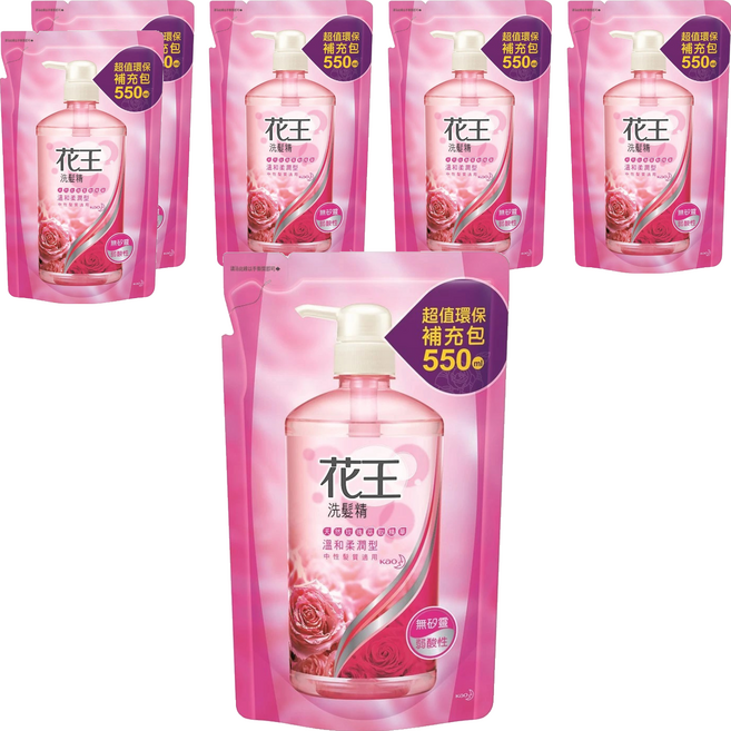 Kao 花王 洗髮精 溫和柔潤型 補充包 天然玫瑰萃取精華 無矽靈 弱酸性 中性髮質適用, 550ml, 6包