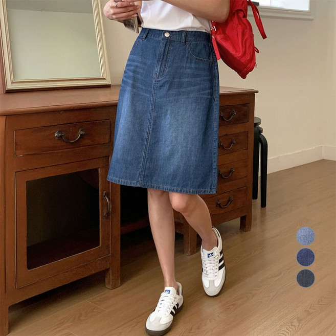 아피나르 여성용 린넨라이크 경량 데님 하프 밴딩 미디 스커트