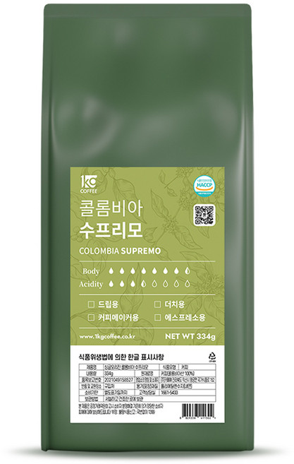 일킬로커피 싱글오리진 콜롬비아 수프리모 원두, 334g, 1개, 홀빈(분쇄안함)