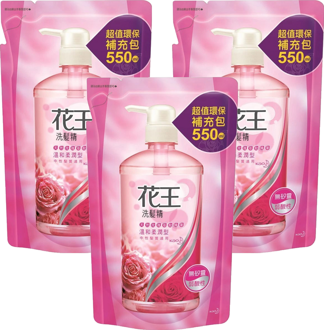 Kao 花王 洗髮精 溫和柔潤型 補充包 天然玫瑰萃取精華 無矽靈 弱酸性 中性髮質適用, 550ml, 3包
