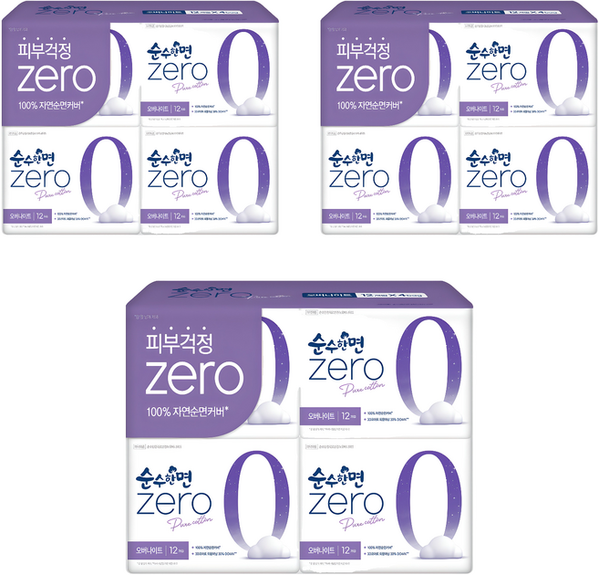 순수한면 제로 순면 뉴 날개형 생리대, 오버나이트, 12개입, 12개