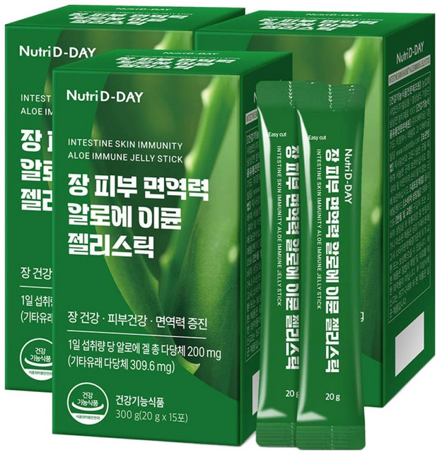 뉴트리디데이 장 피부 면역력 알로에 이뮨 젤리스틱 15p, 300g, 3개