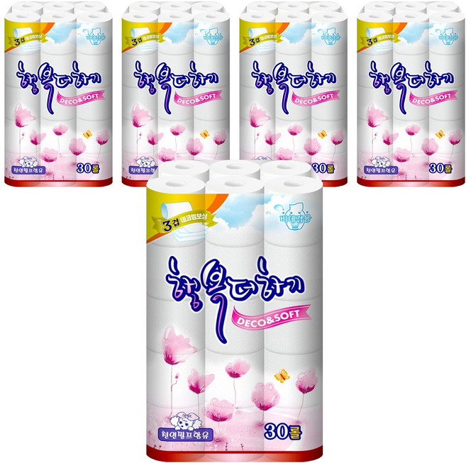 트루마리 행복더하기 30m 3겹데코 화장지, 30롤, 5개