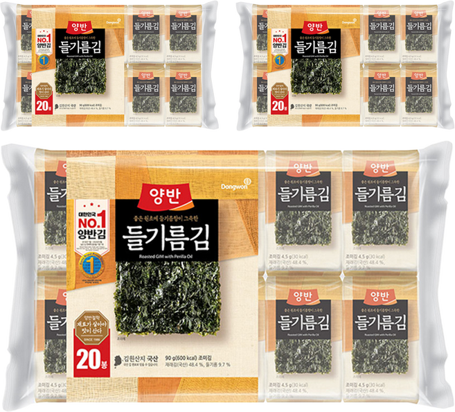 양반 들기름김, 90g, 3개
