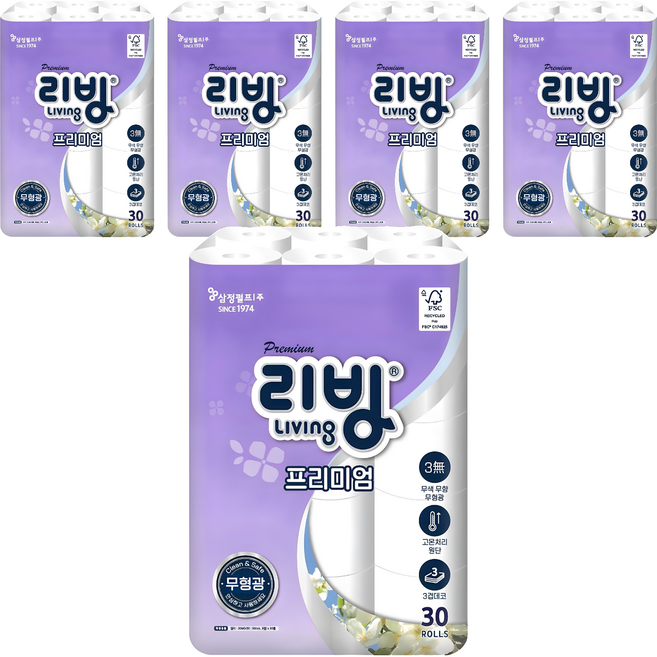 리빙티슈 프리미엄 3겹 롤화장지, 30m, 30개입, 5개