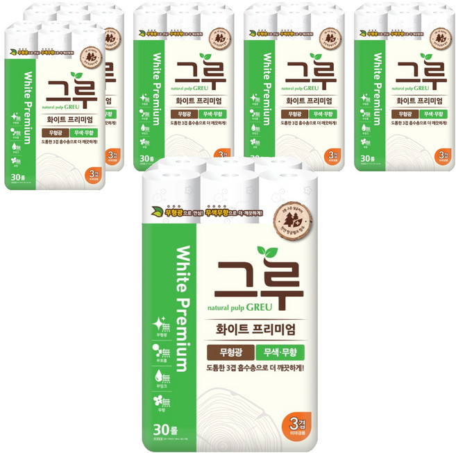 그루 3겹 천연펄프 화이트 프리미엄 롤화장지 27m, 30개입, 6개