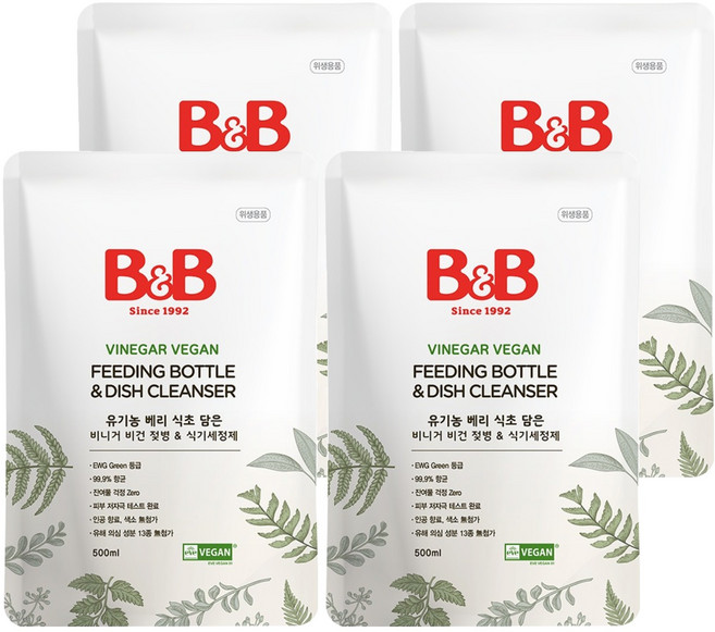 비앤비 베리 식초 담은 비건 젖병 & 식기 세정제 리필형, 4개, 500ml