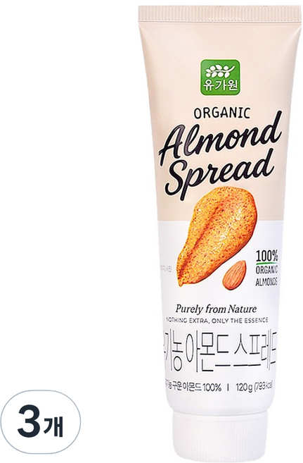 유가원 짜먹는 유기농 아몬드 스프레드 튜브, 120g, 3개