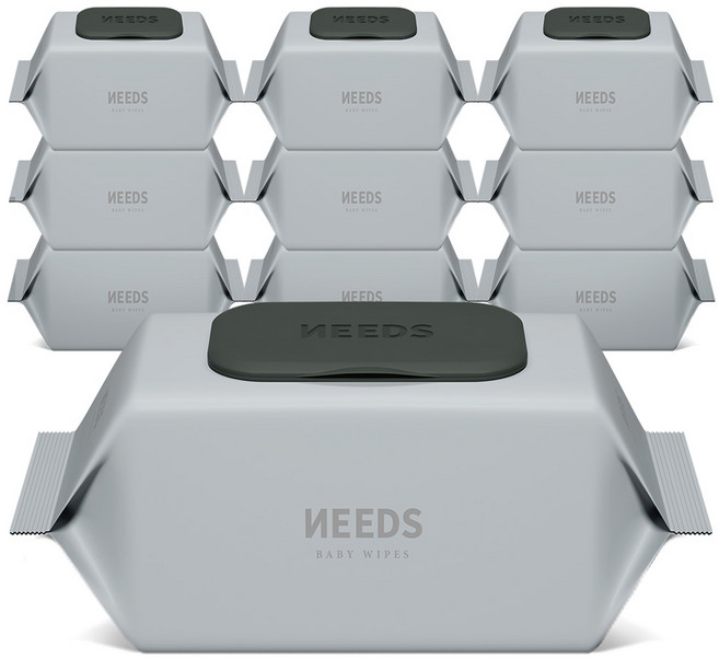 NEEDS 저자극 도톰한 오리지널 밸런스 아기 물티슈 캡형, 55g, 100매, 10개