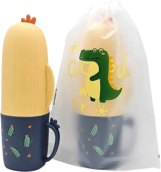 아우라팸 아동용 선인장 휴대용 여행용 양치컵 칫솔케이스, 노랑, 1개