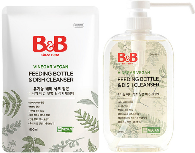 비앤비 비니거 비건 젖병 & 식기세정제 리필형 500ml + 용기형 600ml 세트, 1세트