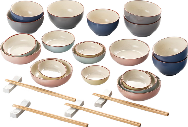 CROWNFORD ENGLAND Nobility家庭餐具4人組, 藍色 + 灰色 + 天藍色 + 黃色 + 粉紅色, 飯碗 + 湯碗 + 餐盤 + 筷架 + 筷子, 1組