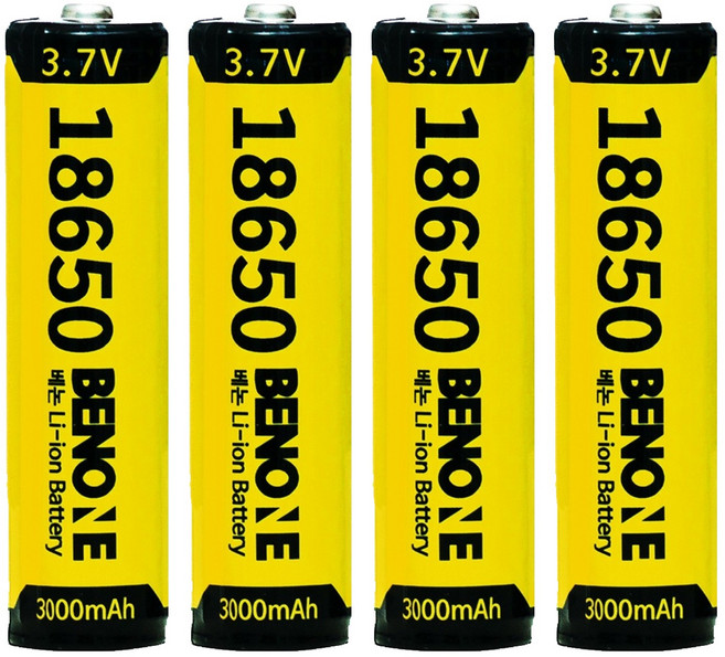 BENONE 18650 보호회로 리튬이온 배터리 충전식 건전지 3000mAh, 1개입, 4개