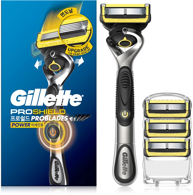 질레트 프로쉴드 옐로우 파워 면도기 핸들 + 면도날 4입, 5개입, 1개 - 쿠팡