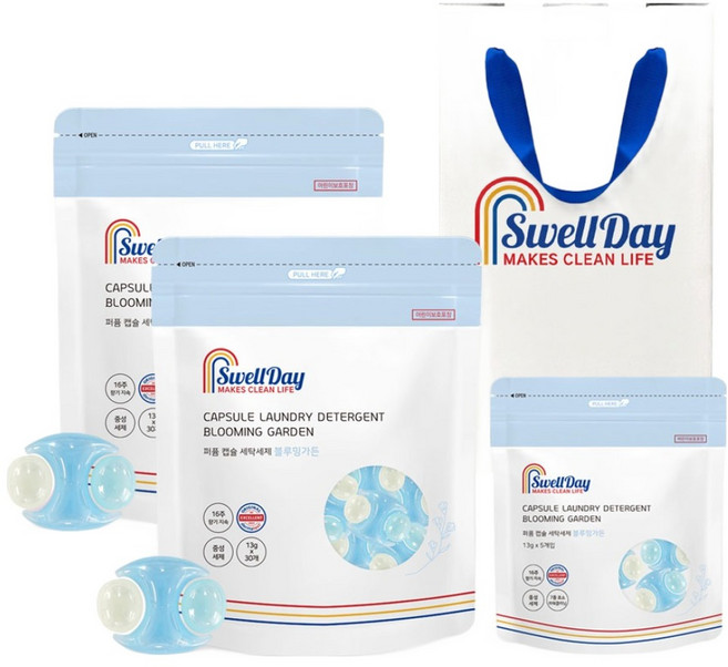 스웰데이 16주향기 퍼퓸 캡슐 세탁세제 블루밍가든향 + 쇼핑백, 1개, 65개입