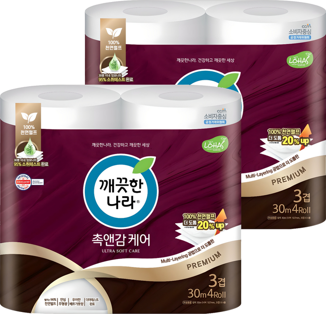깨끗한나라 천연펄프 3겹 촉앤감 케어 롤화장지, 30m, 4개입, 2개