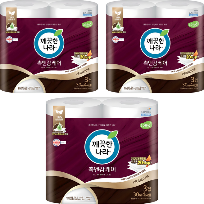 깨끗한나라 천연펄프 3겹 촉앤감 케어 롤화장지, 30m, 4개입, 3개