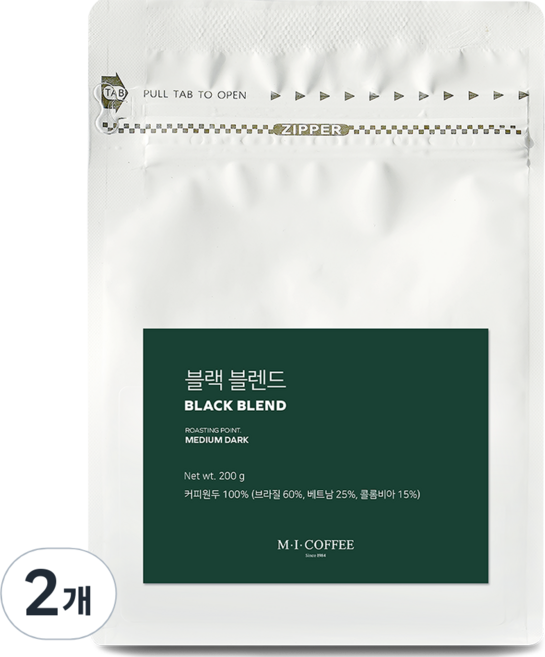 엠아이커피 블랙 블렌드 원두, 홀빈(분쇄안함), 200g, 2개