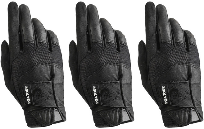 PGA투어 합피 레인 그립 글러브 왼손잡이용 골프장갑, 블랙, 3개