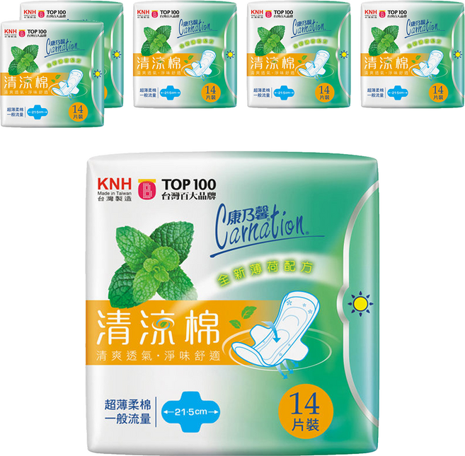 康乃馨 清涼棉衛生棉, 一般流量型 21.5cm, 14片, 6包