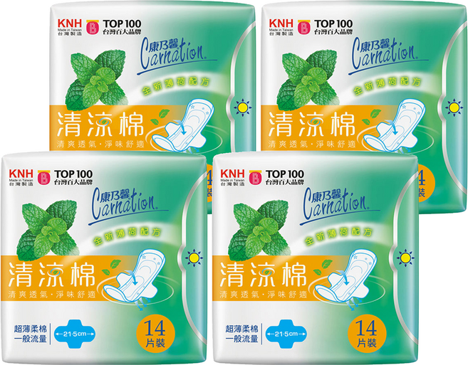 康乃馨 清涼棉衛生棉, 一般流量型 21.5cm, 14片, 4包