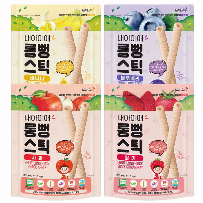 내아이애 유기농 과일 롱뻥 스틱 30g x 4종 세트, 사과, 딸기, 블루베리, 바나나, 1세트