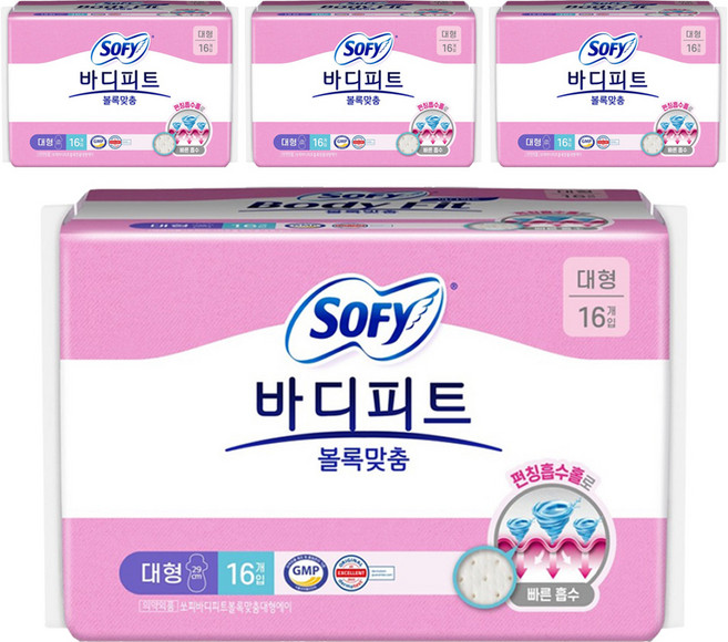 바디피트 볼록맞춤 생리대 날개형, 대형, 16개입, 4개