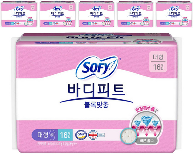 바디피트 볼록맞춤 생리대 날개형, 대형, 16개입, 6개