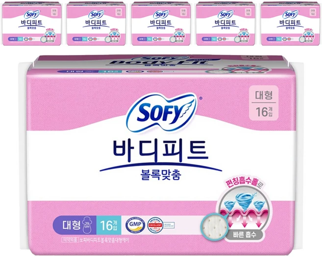 바디피트 볼록맞춤 생리대 날개형, 대형, 16개입, 6개 - 쿠팡
