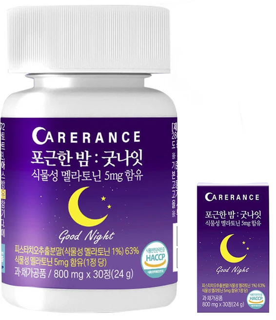 케어란스 포근한 밤 굿나잇 식물성 멜라토닌 5mg 함유, 1개, 30정 - 쿠팡