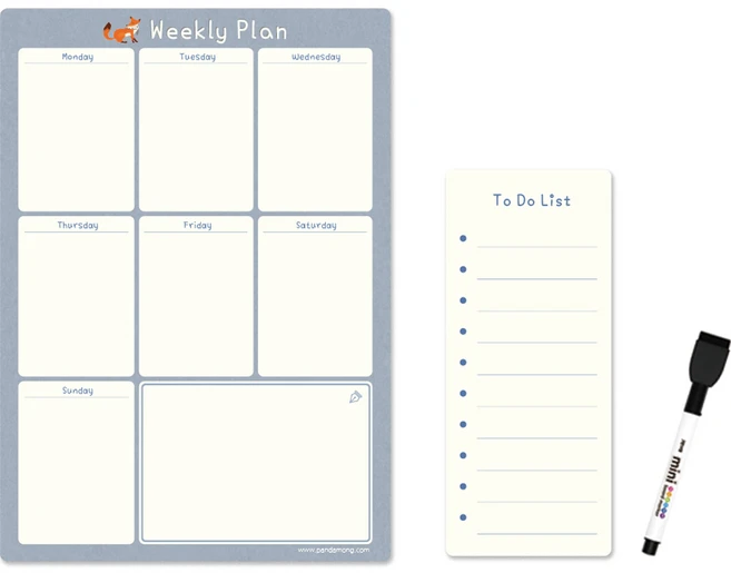 판다몽 컬러파레트 냉장고 메모보드 주간계획표 A4 라이트블루 + 투두리스트 메모패드 + 마커 블랙 세트 - 쿠팡