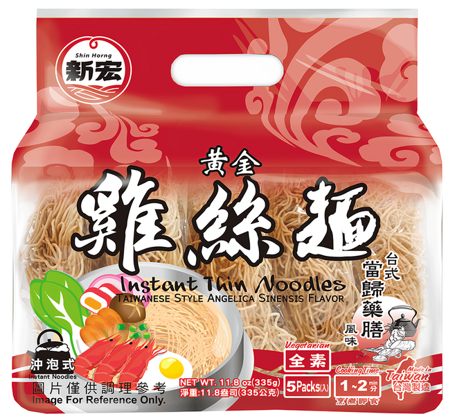 新宏 黃金雞絲麵 台式當歸藥膳風味 全素 5入, 335g, 1袋